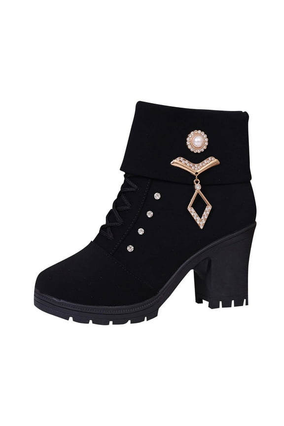 Women's Rhinestone Embellished Ankle Boots Side Zipper Block Heel Lace Up Dress Booties Trendy Fall Winter Fashion Footwear Party Shoes Black Women Sandal