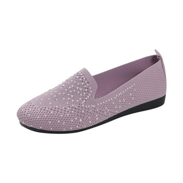 RUIYANQI Women's Rhinestone Embellished Knit Loafers Slip On Casual Shoes Comfortable Flat Walking Footwear Trendy Daily Work Shoes Pink Women Sandal