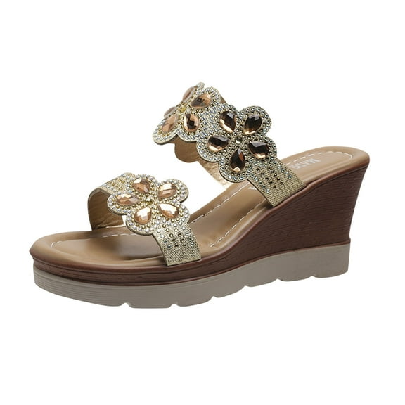 RUIYANQI Women's Rhinestone Flower Wedge Slides Sparkly Double Strap Sandals Trendy Fashion Summer Beach Footwear Comfortable Platform Heels for Outdoor Party Daily Wear