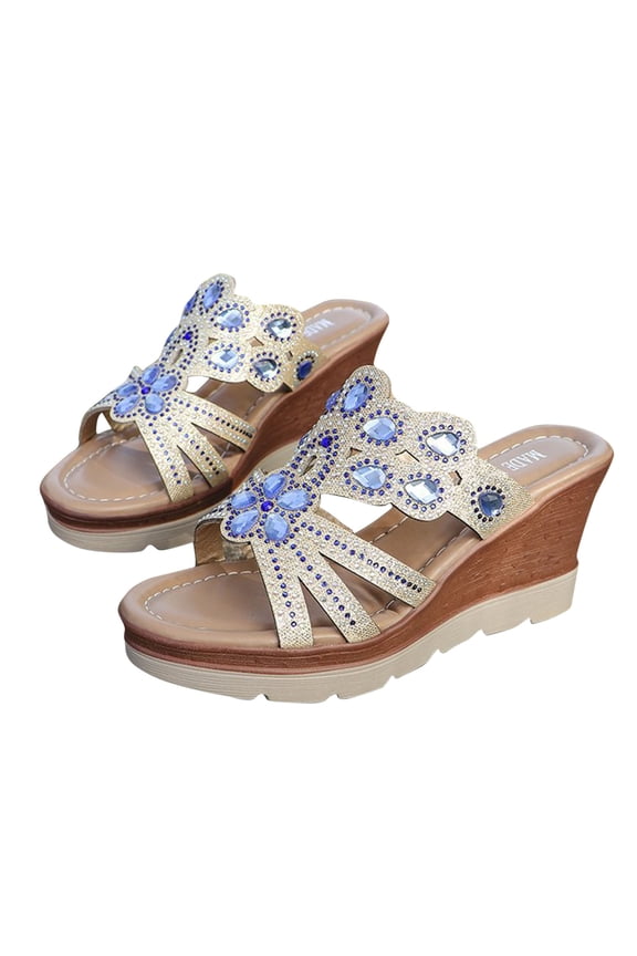 Women's Rhinestone Wedge Slide Sandals Open Toe Platform Heels Embellished Dressy Shoes Trendy Fashion Summer Party Footwear Comfortable Casual Walking Sandals Sparkly Designs