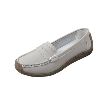 RUIYANQI Women's Slip On Loafers Comfortable Leather Moccasins Casual Flat Shoes Round Toe Driving Shoes Trendy Daily Work Footwear Gray Women Sandal