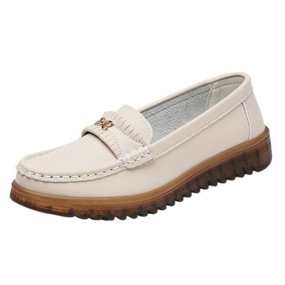 RUIYANQI Women's Slip On Loafers Comfortable Leather Moccasins Casual Flat Shoes Round Toe Driving Shoes Trendy Work Footwear Beige Women Sandal