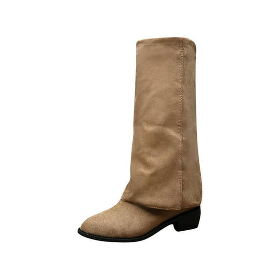 RUIYANQI Women's Slouchy Knee High Boots Suede Block Heel Cowboy Booties Trendy Fall Winter Footwear Casual Outdoor Walking Shoes Fashion Khaki Women Sandal