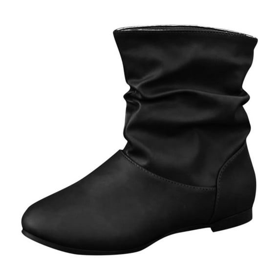 RUIYANQI Women's Slouchy Mid Calf Boots Leather Like Flat Heel Casual Daily Ankle High Booties Comfortable Fall Winter Footwear Black Women Sandal