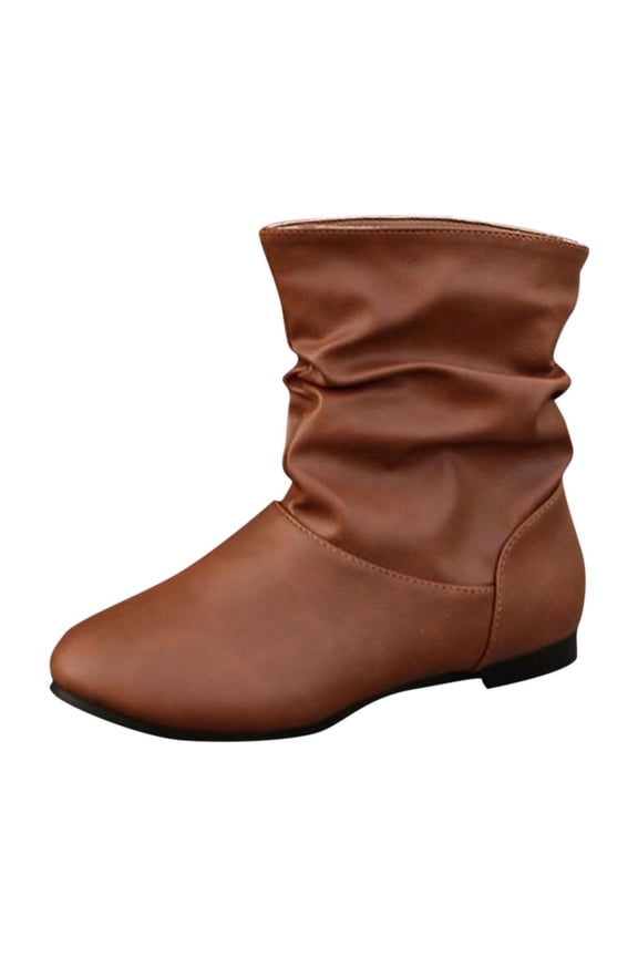 Women's Slouchy Mid Calf Boots Leather Like Flat Heel Casual Daily Ankle High Booties Comfortable Fall Winter Footwear Brown Women Sandal