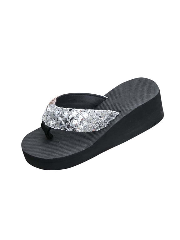 Women's Sparkling Sequin Toe - Thong Platform Slides,Stylish Summer Sandals for Casual and Vacation Wear Silver Women Sandal