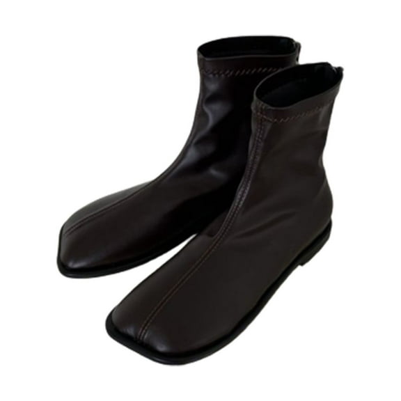 RUIYANQI Women's Square Toe Ankle Boots Slip-On Elastic Leather Low Heel Minimalist Fashion Winter Chelsea Boots For Women Coffee Women Sandal