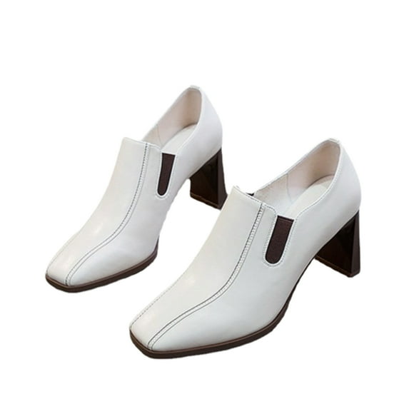 RUIYANQI Women's Square Toe Mid Heel Loafers Contrast Trim Slip-On Leather Office Dress Shoes For Women White Women Sandal