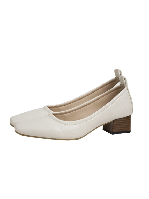 Women's Square Toe Mid Heel Pumps Genuine Leather Slip - On Minimalist Office Work Dress Shoes For Women Beige Women Sandal
