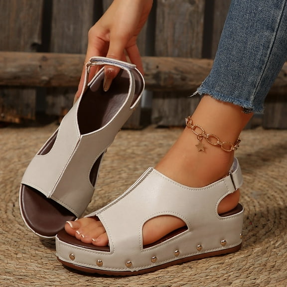 RUIYANQI Women's Studded Wedge Sandals Peep Toe Slingback Design Platform Shoes Adjustable Buckle Footwear Casual Summer Beach Trendy Fashion Beige Women Sandal