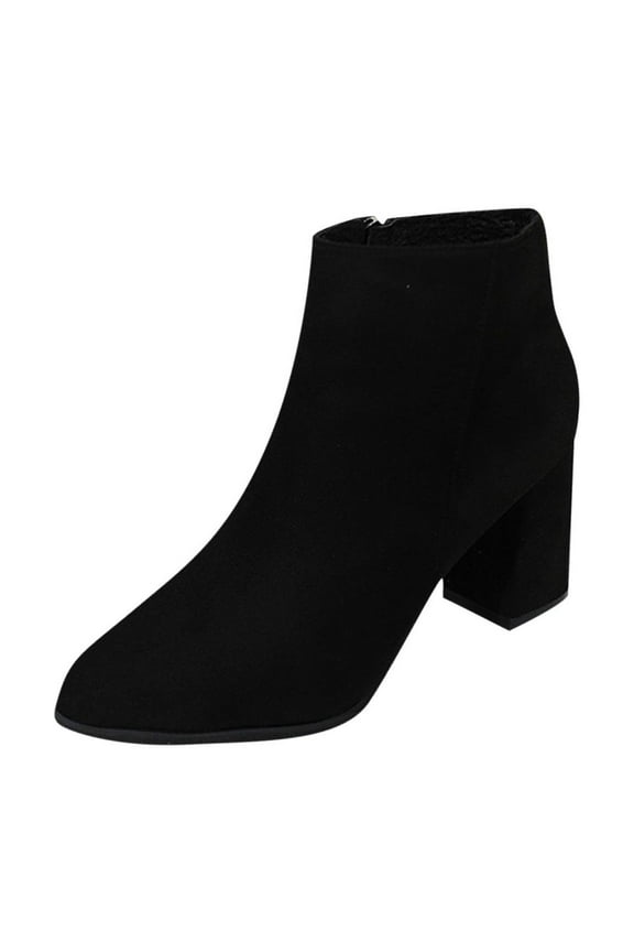 Women's Suede Ankle Boots - Side Zip Pointed Toe Booties, Trendy Chunky Heel Footwear, Stylish Fall Winter Shoes, Comfortable Dressy Casual Pumps Black Women Sandal