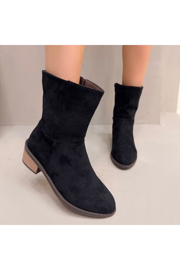 Women's Suede Ankle Boots Side Zip Round Toe Chunky Heel Fashion Fall Winter Booties Casual Outdoor Walking Shoes Trendy Footwear Black Women Sandal