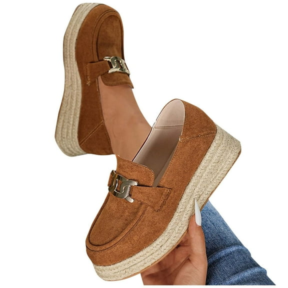 RUIYANQI Women's Suede Espadrille Loafers Chain Decor Slip On Design Platform Heel Footwear Casual Walking Shoes Trendy Fashion Spring Shoes Brown Women Sandals