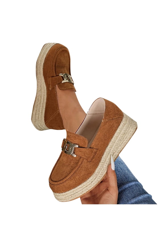 Women's Suede Espadrille Loafers Chain Decor Slip On Design Platform Heel Footwear Casual Walking Shoes Trendy Fashion Spring Shoes Brown Women Sandals