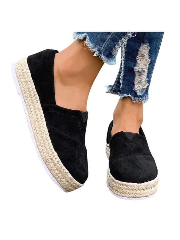 Women's Suede Espadrille Platform Loafers Slip On Round Toe Shoes Comfortable Casual Walking Flats with Braided Jute Sole Trendy Fashion Leopard Print and Solid Colors for Daily Wear