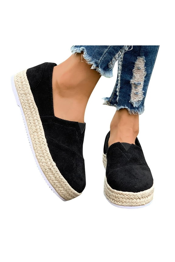 Women's Suede Espadrille Platform Loafers Slip On Round Toe Shoes Comfortable Casual Walking Flats with Braided Jute Sole Trendy Fashion Leopard Print and Solid Colors for Daily Wear