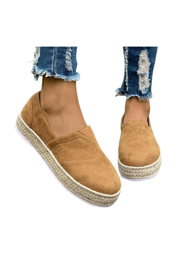 Women's Suede Espadrille Platform Loafers Slip On Round Toe Shoes Comfortable Casual Walking Flats with Braided Jute Sole Trendy Fashion Leopard Print and Solid Colors for Daily Wear