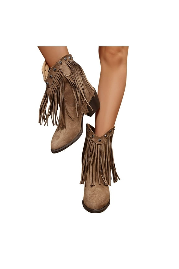 Women's Suede Fringe Ankle Boots Studded Decor Chunky Heel Footwear Western Cowboy Boots Trendy Fashion Fall Winter Riding Boots Coffee Women Sandals