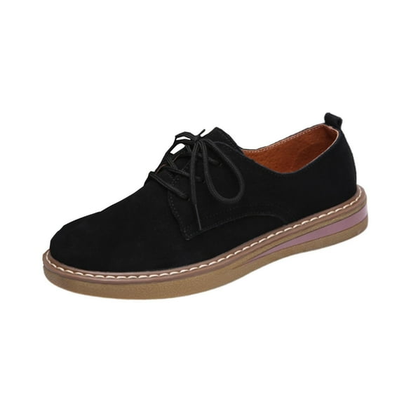 RUIYANQI Women's Suede Lace Up Oxfords Comfortable Flat Shoes Casual Round Toe Walking Shoes Trendy Daily Work Footwear Breathable Loafers Black Women Sandal