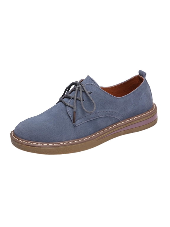 Women's Suede Lace Up Oxfords Comfortable Flat Shoes Casual Round Toe Walking Shoes Trendy Daily Work Footwear Breathable Loafers Blue Women Sandal
