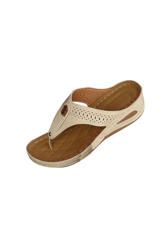 Women's Thong Sandals Perforated Design Comfortable Flat Shoes Adjustable Buckle Summer Beach Footwear Trendy Outdoor Walking Sandals Beige Women Sandal