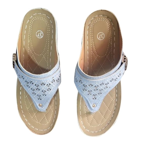 RUIYANQI Women's Toe Post Wedge Sandals Perforated Design Adjustable Strap Comfortable Casual Footwear Solid Color Summer Beach Shoes Light Blue Women Sandal