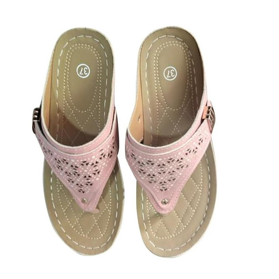 RUIYANQI Women's Toe Post Wedge Sandals Perforated Design Adjustable Strap Comfortable Casual Footwear Solid Color Summer Beach Shoes Pink Women Sandal