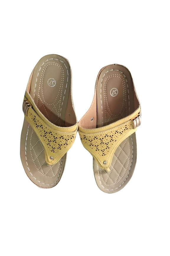 Women's Toe Post Wedge Sandals Perforated Design Adjustable Strap Comfortable Casual Footwear Solid Color Summer Beach Shoes Yellow Women Sandal