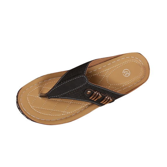 RUIYANQI Women's Toe - Thong Flat Sandals,Perforated Design with Metal Accents,Casual Outdoor Footwear for Summer & Beach Wear Black Women Sandal