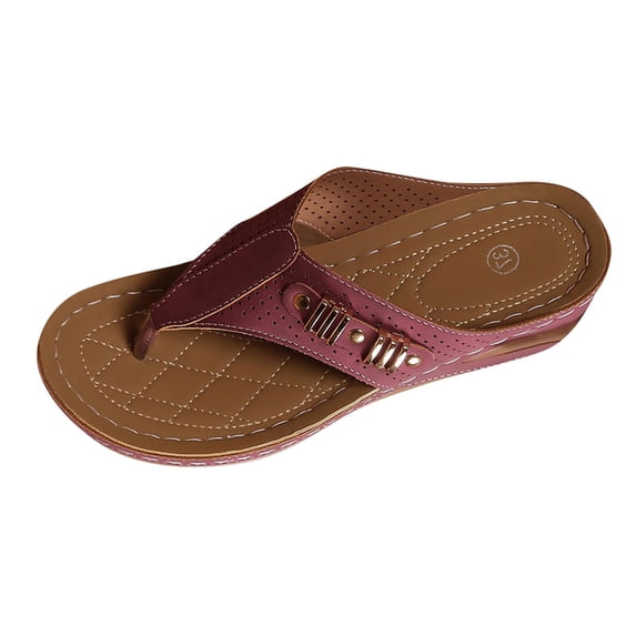 RUIYANQI Women's Toe - Thong Flat Sandals,Perforated Design with Metal Accents,Casual Outdoor Footwear for Summer & Beach Wear Wine Women Sandal