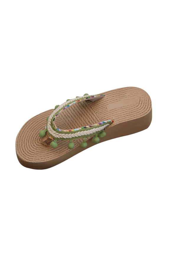 Women's Toe - Thong Platform Slides,Bohemian - Style Sandals with Pom - Pom Decor,Colorful Footwear for Summer Vacation & Daily Wear Green Women Sandal