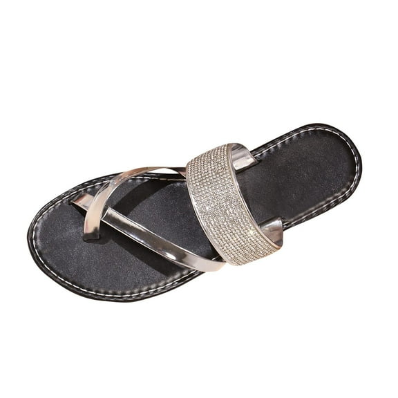 RUIYANQI Women's Toe - Thong Rhinestone Flat Sandals,Stylish Strappy Footwear with Sparkly Decor,Fashion Shoes for Party & Daily Wear Silver Women Sandal