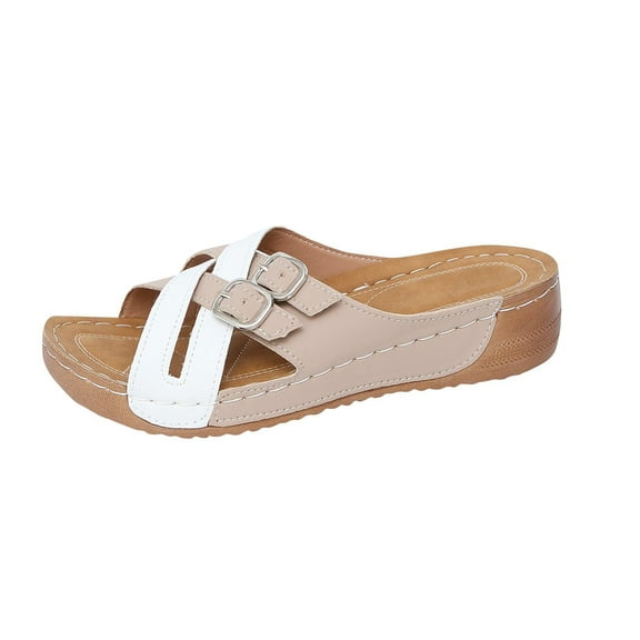RUIYANQI Women's Wedge Heel Color - Block Slides,Strappy Sandals with Double Buckles,Comfortable Casual Footwear for Summer Daily Wear Khaki Women Sandal