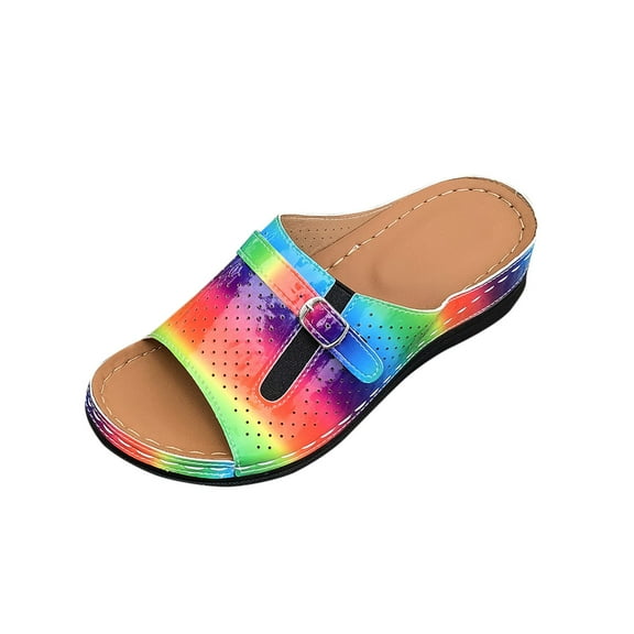 RUIYANQI Women's Wedge Heel Slide Sandals,Leather Upper with Perforated Design & Buckle,Ideal for Daily Outings Multicolor Women Sandal