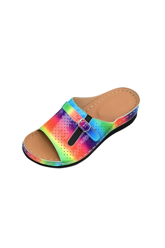 Women's Wedge Heel Slide Sandals,Leather Upper with Perforated Design & Buckle,Ideal for Daily Outings Multicolor Women Sandal