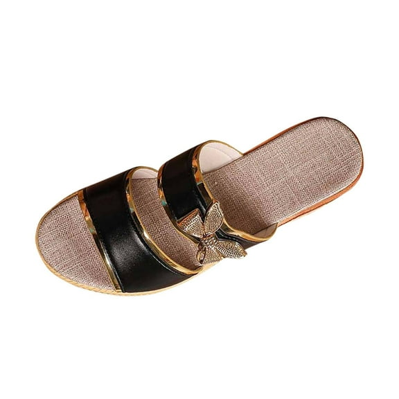 RUIYANQI Women's Wedge Slide Sandals Bowknot Decorated Double Strap Shoes Trendy Fashion Summer Beach Footwear Comfortable Thick Sole Design for Outdoor Daily Wear Black Women Sandal