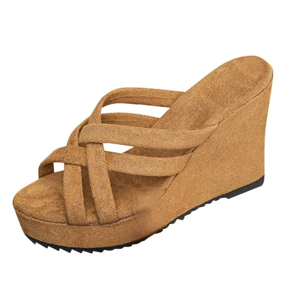 RUIYANQI Women's Wedge Slide Sandals Crisscross Strap Platform Heel Open Toe Summer Casual Beach Shoes Non Slip Comfortable Dressy Sandals For Women Brown Women Sandal