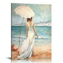 RUIYC Abstract Beach Artwork Ocean Picture: & Umbrella Sea Print Coastal Wall Art on Canvas for Bedroom