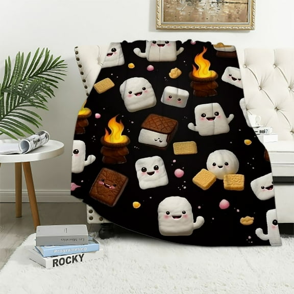 RUIYC Cute S'Mores Blanket Cookie Blanket Black Soft Plush Fuzzy Flannel Throw Blanket for Couch Food Blanket for Kids