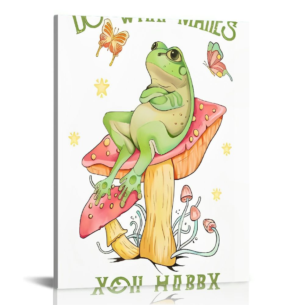 RUIYC Funky Mushroom Frog Canvas Wall Art, Cute Frog Sitting On