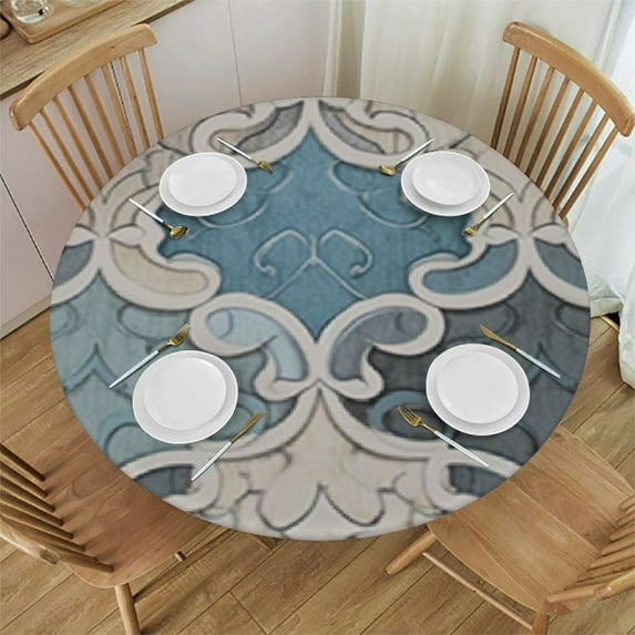 RUIYC Geometric Elastic Round Tablecloth, Retro Blue Gray Abstract Fitted Tablecloths for Round Table Oil-Proof Waterproof Table Cloth