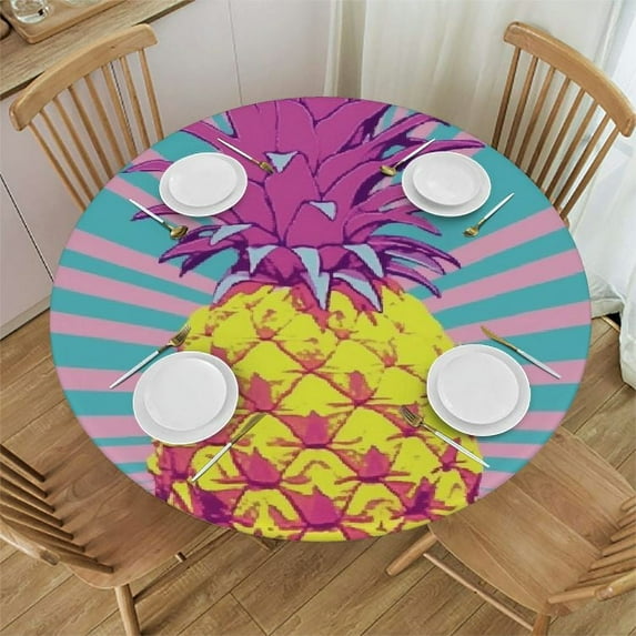 RUIYC Pineapple Round Fitted Tablecloth with Elastic Edge Resistant Table Cover for Dinner,Outdoor,Picnic,Camping-S