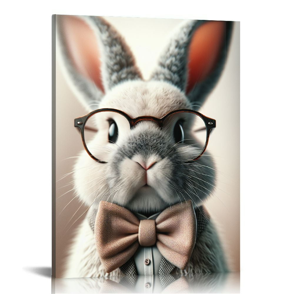 RUIYC  Rabbit With Glasses Canvas Wall Art Bunny Flower Pictures Decor Spring Easter Canvas Prints Painting Artwork Home Bathroom Poster For Bathroom Livingroom