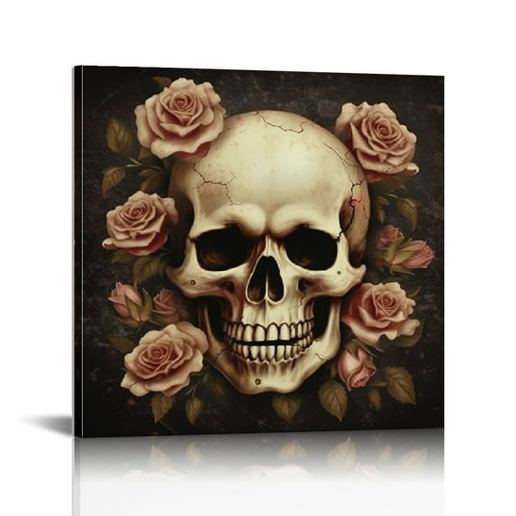 RUIYC Skull Canvas Wall Art Decor Sets Human Skull Head Skeleton with Vintage Rose Rustic Gothic Art Prints for Home Boys Room Bedroom Living Room Halloween Day of the Dead 16x16in