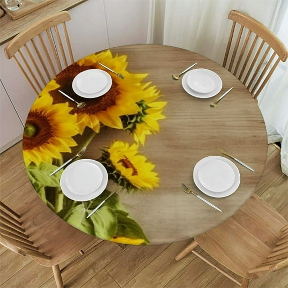 RUIYC Sunflower Fitted Round Tablecloth with Elastic Stain Resistant Table Cloth Waterproof Table Cover for Kitchen Dining Party