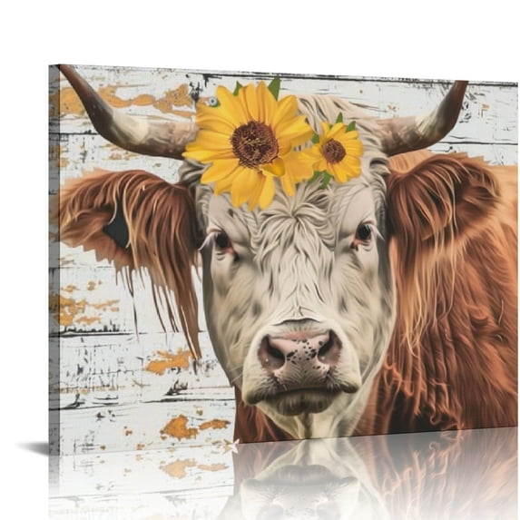 RUIYC Sunflower Highland Cow Wall Art: Animal Canvas Picture Painting, Rustic Farmhouse Artwork Decor Bathroom Decoration, Cute Brown Cattle Poster Print for Home Kitchen Bedroom