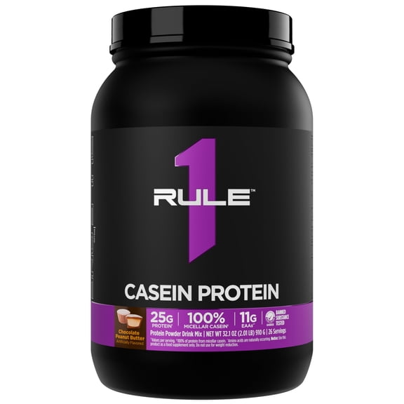 Rule 1 Proteins Casein Protein - 25g Protein and 11g EAAs Per Serving from Slow-Release Micellar Casein for Overnight Recovery and Sustained Delivery Between Meals (2 Pounds, Chocolate Peanut Butter)