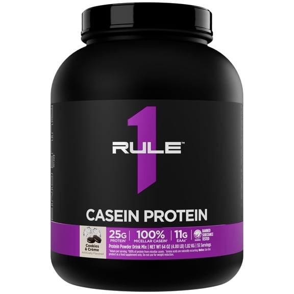 Rule 1 Proteins Casein Protein - 25g Protein and 11g EAAs Per Serving from Slow-Release Micellar Casein for Overnight Recovery and Sustained Delivery Between Meals (4 Pounds, Cookies & Crme)