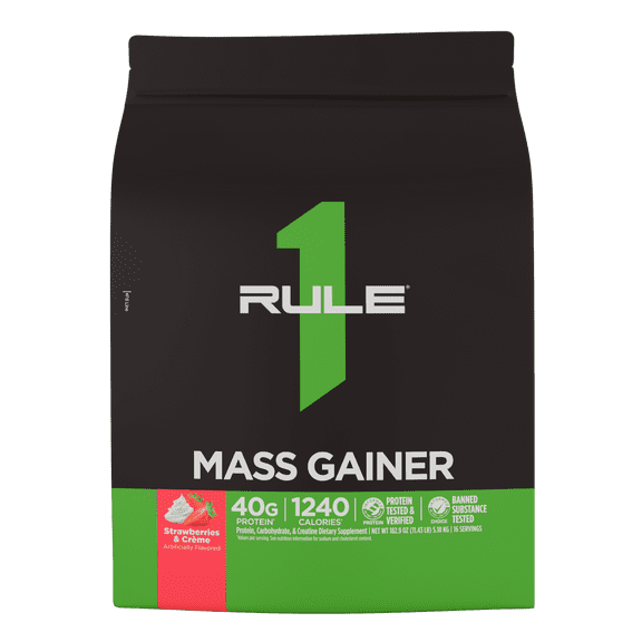 Rule 1 Proteins Mass Gainer - High-Calorie Weight Gain Formula with 1,220+ Calories, 250g+ Complex Carb Blend, 40g All-Whey Protein Per Serving (16 Servings, Strawberries & Crme)
