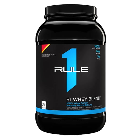 Rule 1 Proteins Whey Protein 24g Fast-Acting Protein from All-Whey Sources with Naturally Occurring EAAs & BCAAs for Workout Recovery or Anytime Use (2 Pounds, Strawberry Banana)